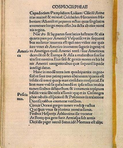 The ‘Cosmographiae Introductio’ is Printed and Suggests the Name “America” for the New World after Explorer Americus Vespuccius (Latin)