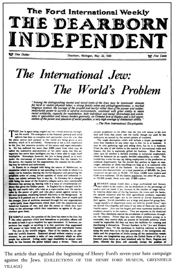 Henry Ford’s Newspaper, The Dearborn Independent Begins Publishing a Series of Articles Based in Part on the ‘Protocols of the Learned Elders of Zion’