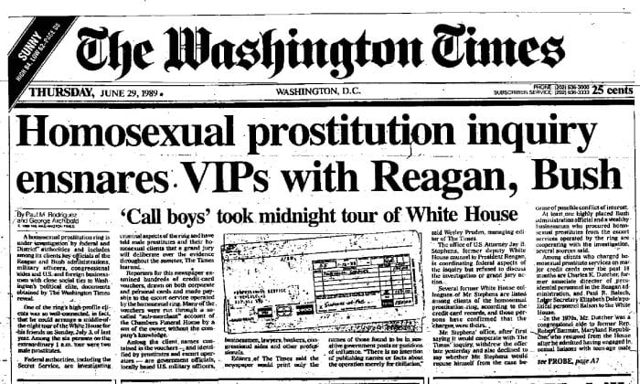 The Washington Times Reports on a Gay Prostitution Ring that had Intimate Connections with the White House all the way up to President George HW Bush