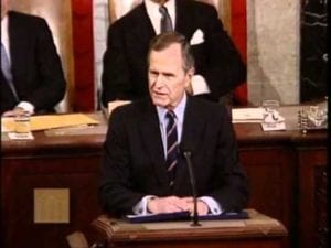 President George HW Bush 1991 State of the Union Address: "What is at Stake is more than One Small Country; it is a Big Idea: a New World Order."