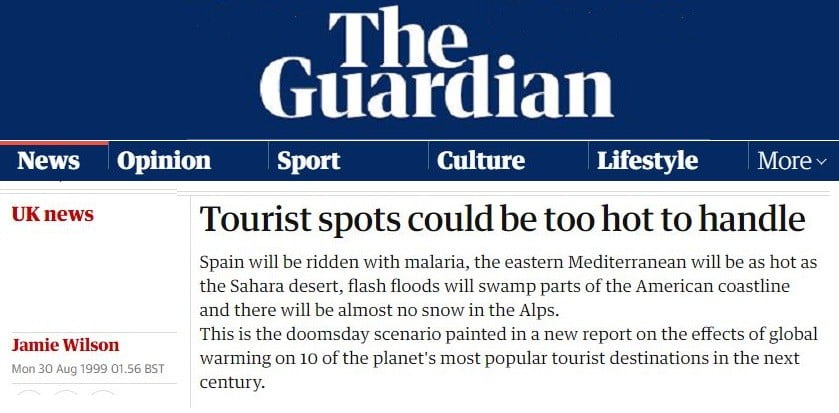 ‘The Guardian’ Predicts that by 2020, “Spain will be ridden with malaria, …there will be almost no snow in the Alps”
